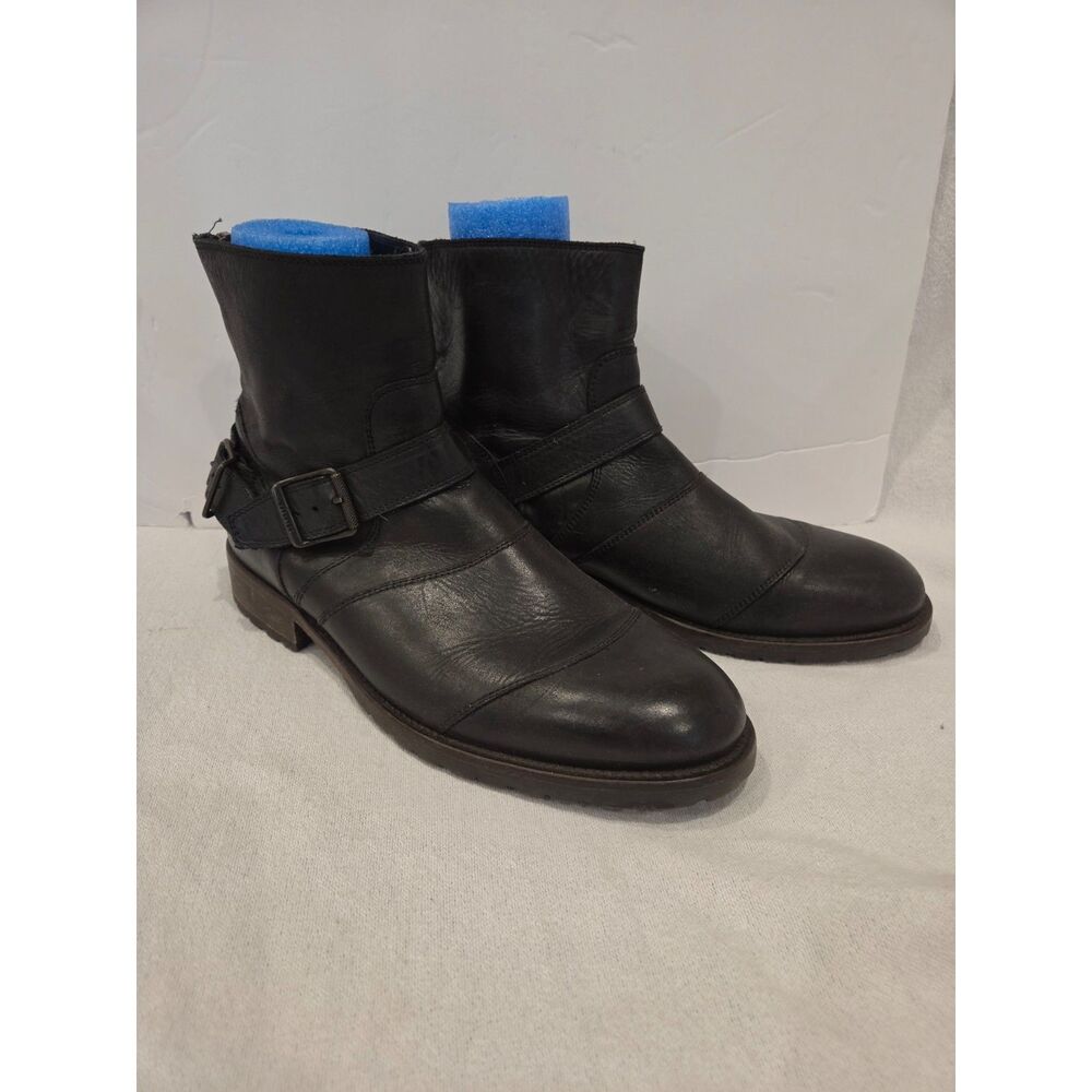 Belstaff Trialmaster Black Leather Moto Boots Mens 10 Buckle Zip Ankle 43